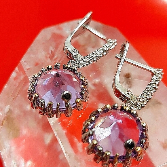 Natural Purple Amethyst 11mm & Black Spinel 925 Sterling Silver Earrings - Picture 7 of 7